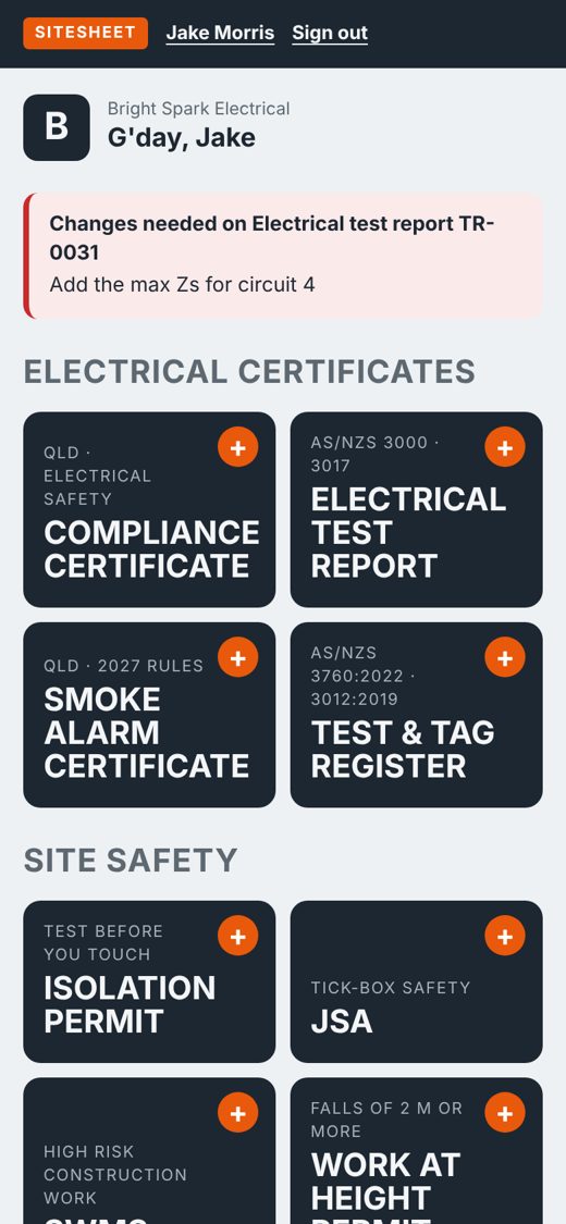 The SiteSheet app on a phone, showing electrical certificates and site safety forms